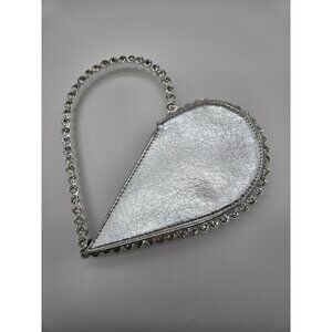 Valentine Heart  Clutch Silver Faux Leather Rhinestone Handle Bag Purse